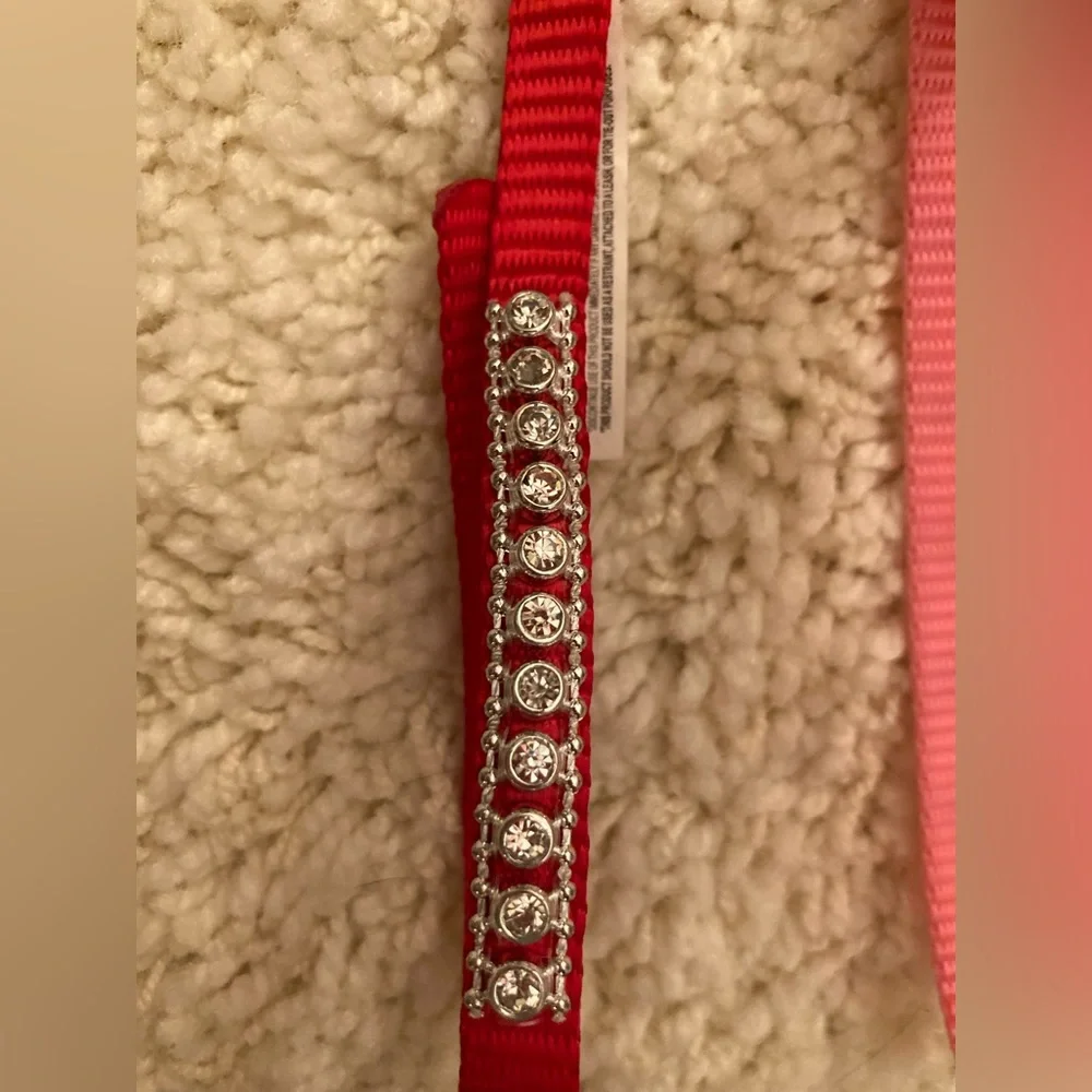 NWT 2 DOG COLLARS RHINESTONE BLING RED PAW PRINT PINK